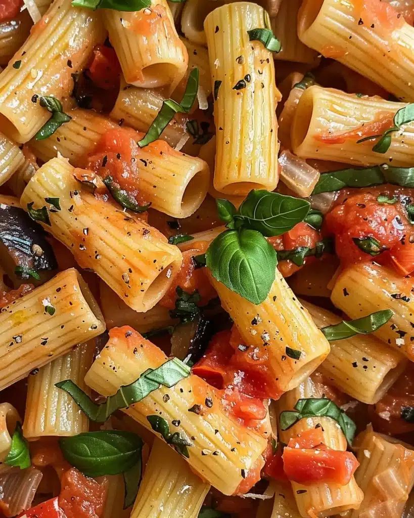 A delicious plate of Pasta alla Norma topped with eggplant and ricotta salata.