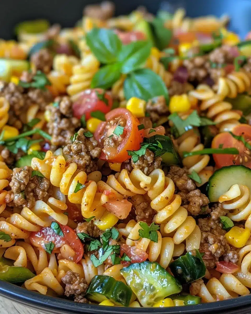 Colorful pasta salad with seasoned beef, vegetables, and dressing.