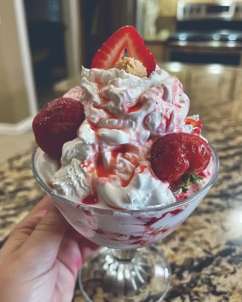 Roasted strawberry ice cream with shortbread cookie crumble served in a bowl