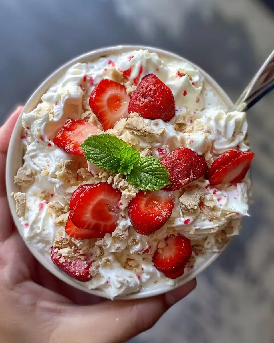 Delicious roasted strawberry ice cream with shortbread crumble topping