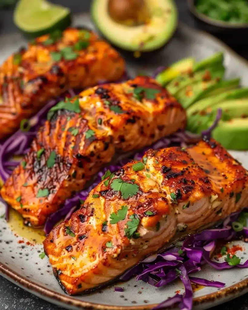 Salmon tacos topped with cilantro lime sauce served on a plate