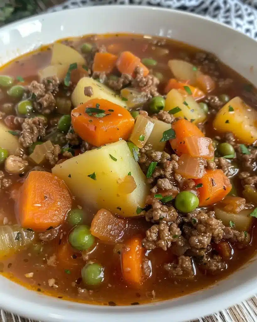 A delicious bowl of Shepherd's Pie Soup, showcasing rich layers and flavors.
