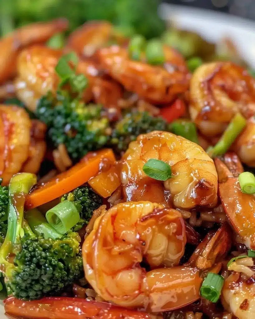Colorful shrimp stir fry with vegetables in a wok