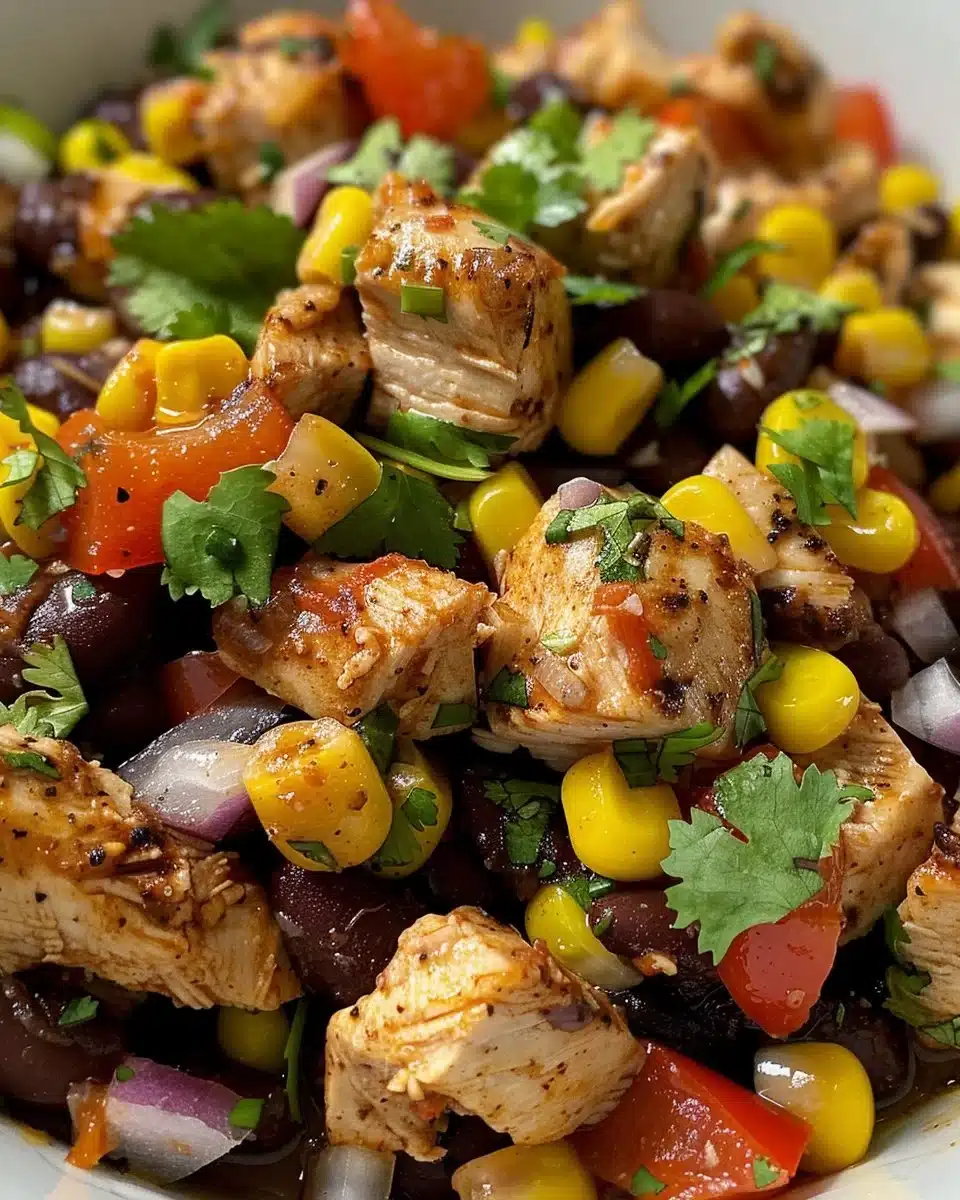Bowl of slow cooker chicken chili garnished with herbs