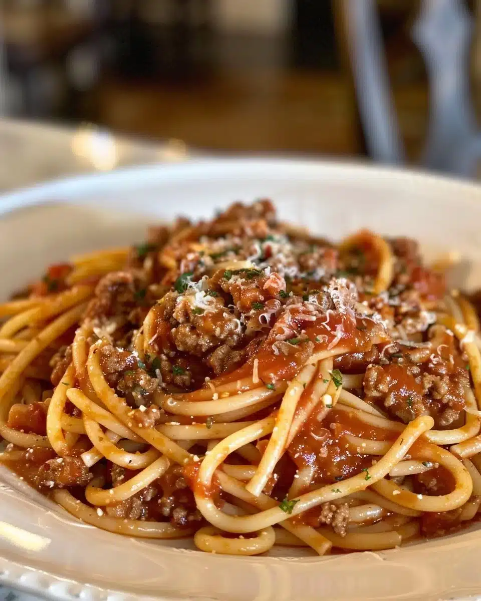 Bowl of spaghetti topped with rich meat sauce garnished with herbs
