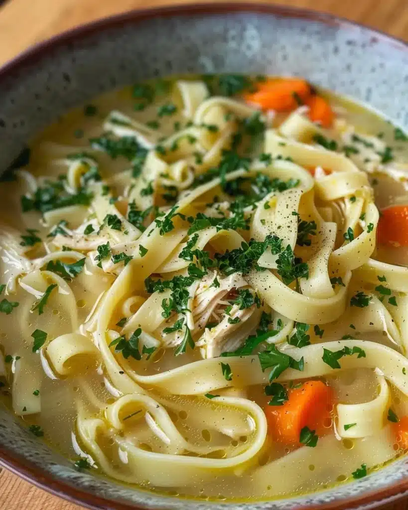 Bowl of spicy chicken noodle soup with herbs and spices