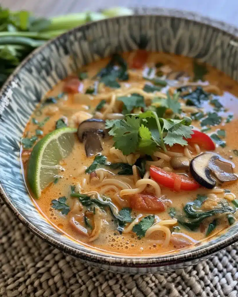 Bowl of spicy coconut curry ramen garnished with fresh vegetables and herbs
