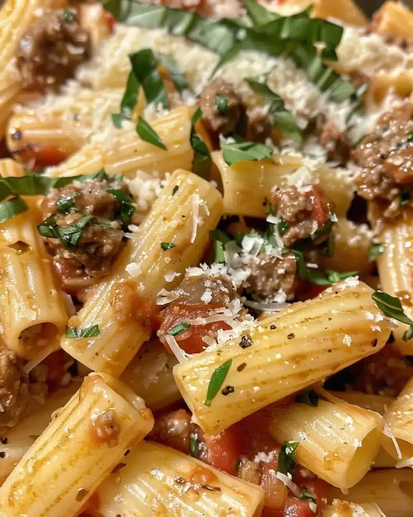 Plate of spicy Italian sausage pasta with fresh herbs and parmesan cheese