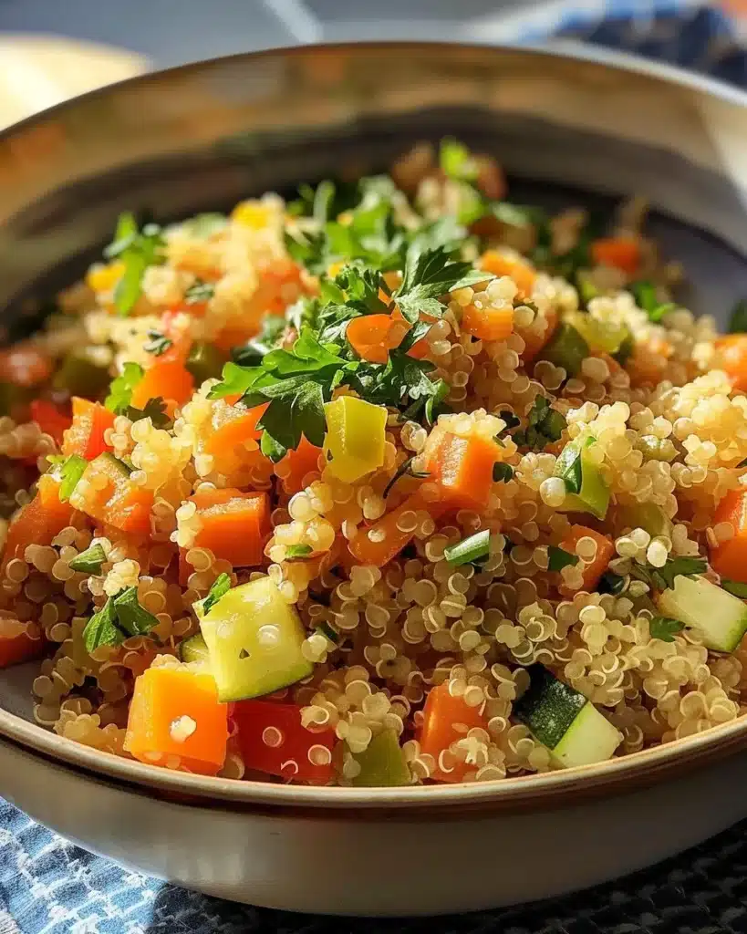 Colorful veggie quinoa dish with fresh vegetables and spices