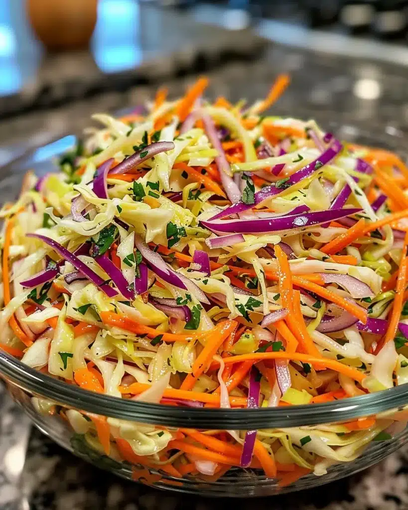 Bowl of zesty coleslaw with colorful vegetables and dressing