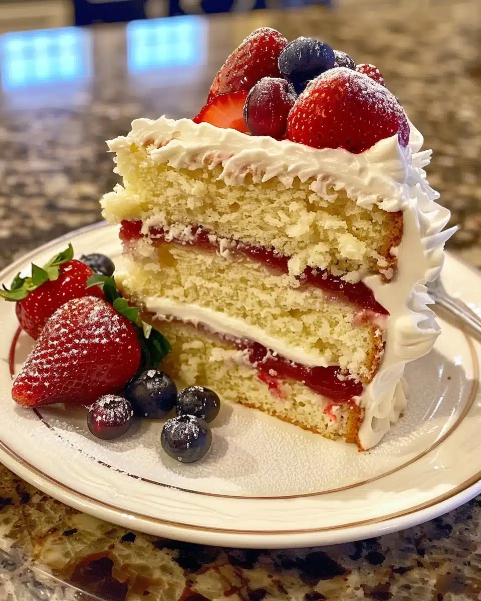 Festive American Flag Cake decorated with red, white, and blue icing for celebrations