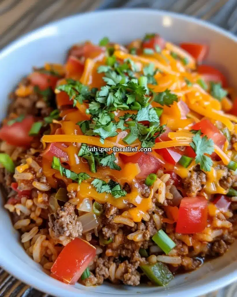 Delicious baked cheesy beef and rice dish served in a ceramic bowl