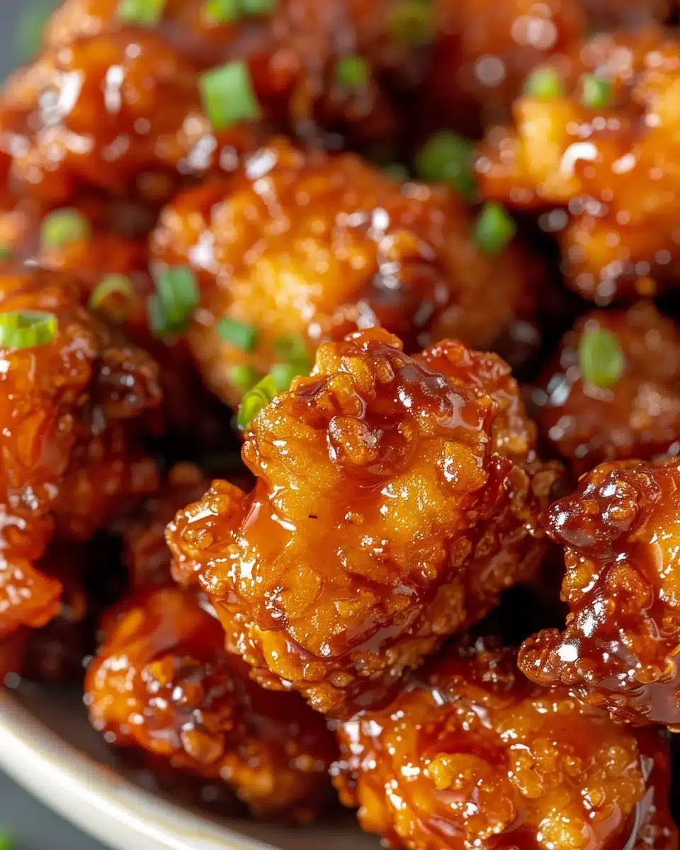 Baked Honey BBQ Popcorn Chicken served on a plate with a dipping sauce