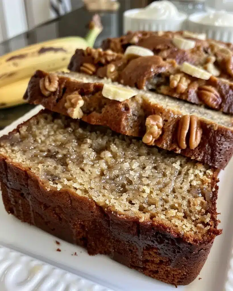 Slice of moist Banana Nut Cake topped with walnuts and drizzled with glaze