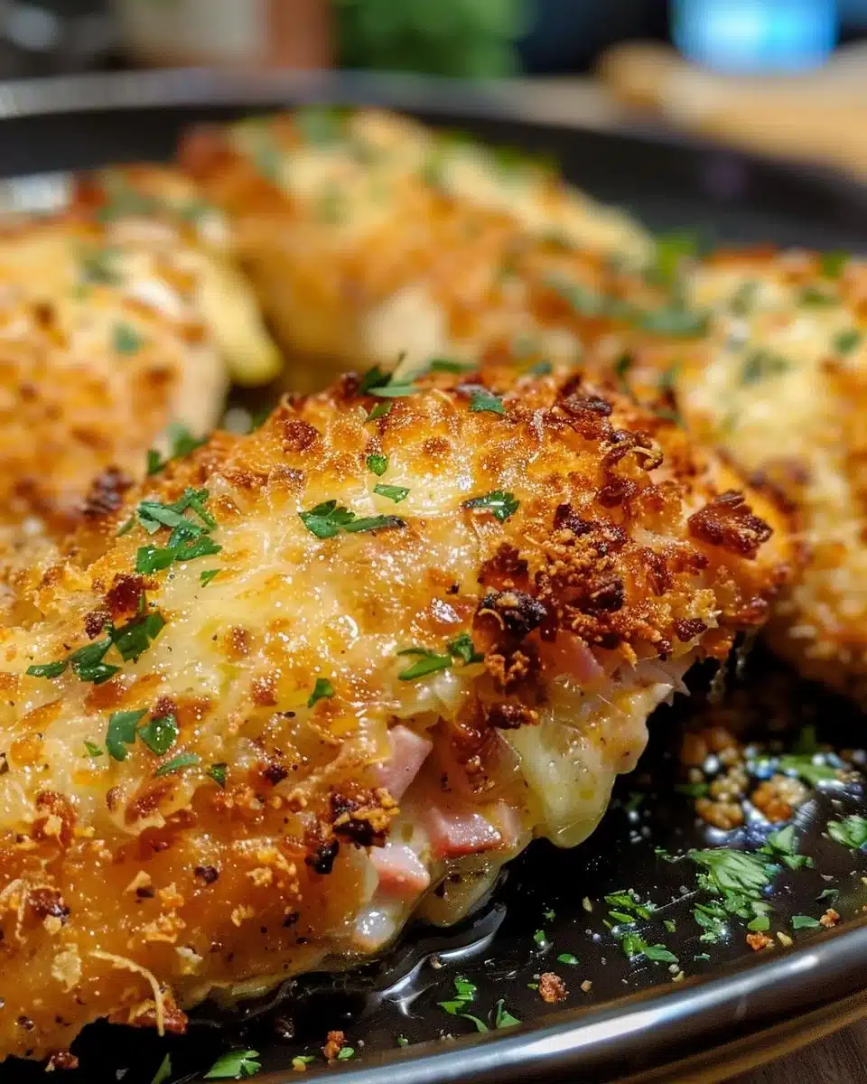 Plate of best chicken cordon bleu garnished with herbs