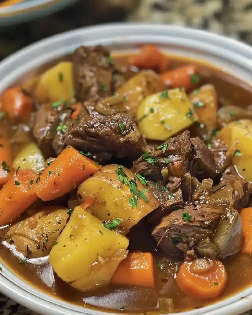 A bowl of Big Papa's Homemade Beef Stew served with fresh ingredients and rich flavors.