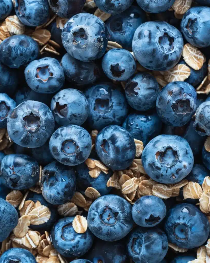 Freshly baked blueberry crumble served in a dish