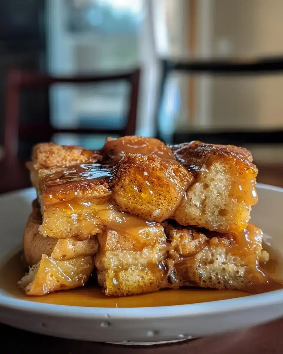 Delicious bread pudding drizzled with creamy caramel sauce