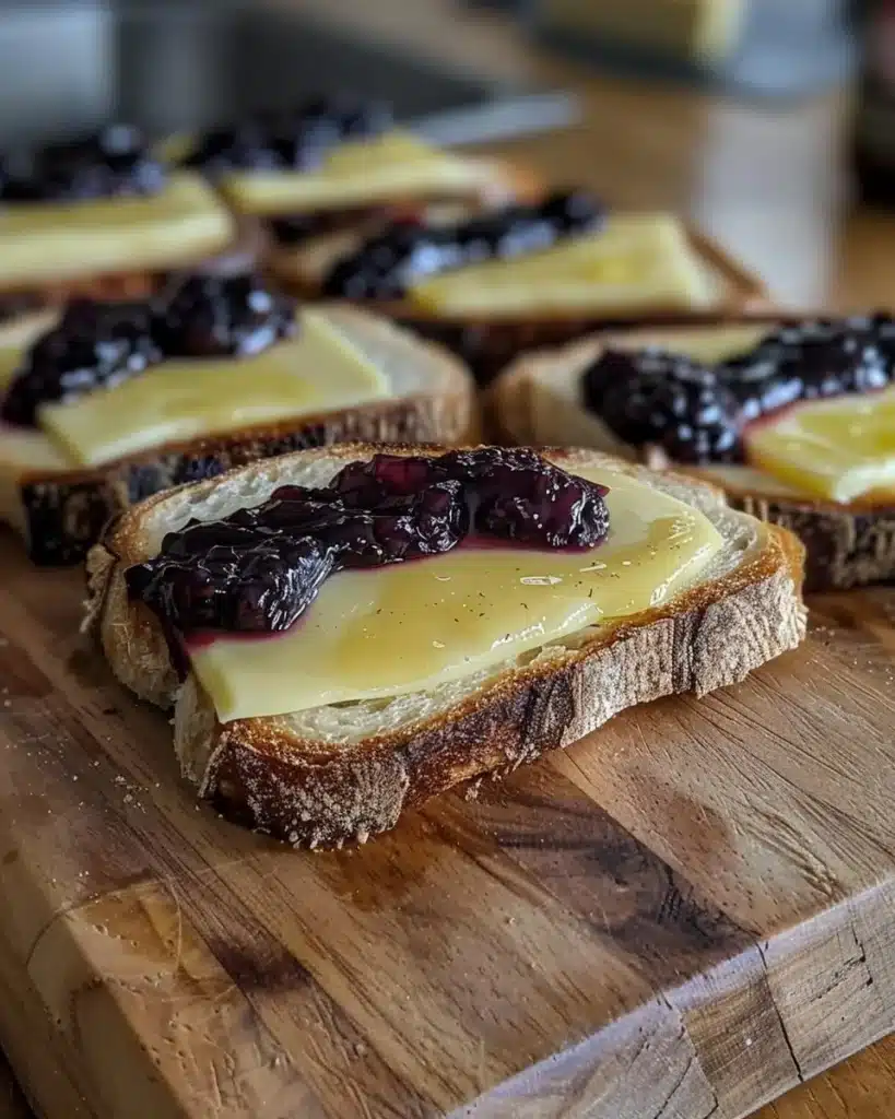 Brie and blackberry jam grilled cheese sandwich on a rustic plate