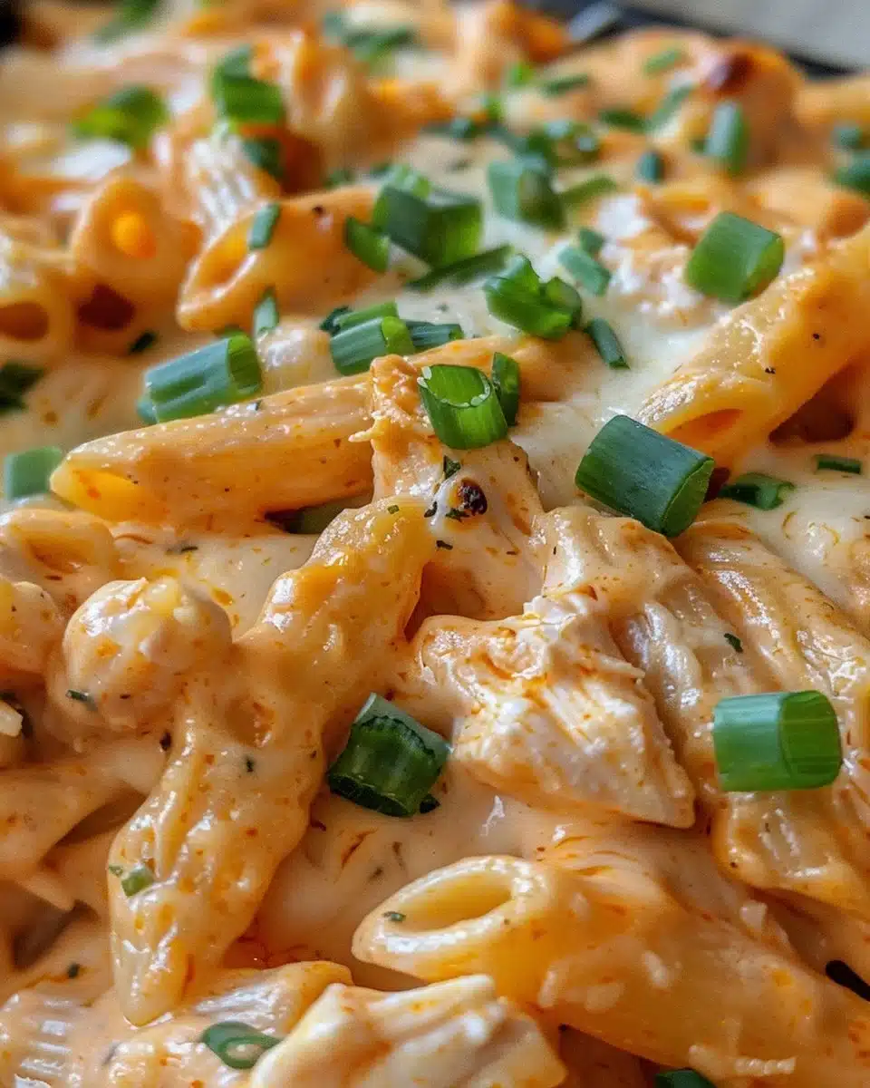 Delicious Buffalo Chicken Baked Ziti topped with cheese and spicy sauce