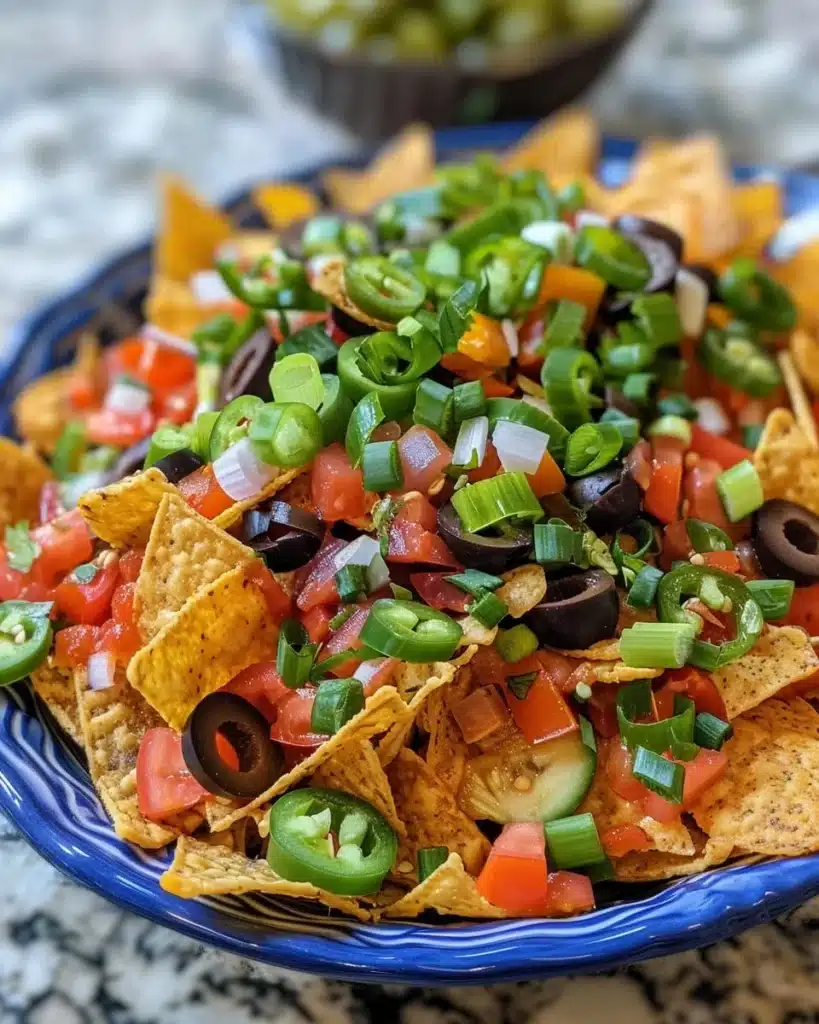 Delicious campfire nachos served in a skillet with melted cheese and toppings