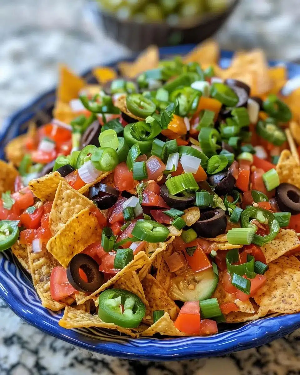 Delicious campfire nachos served in a skillet with melted cheese and toppings