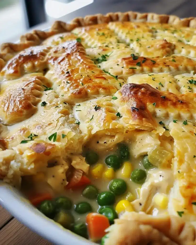 Cheater Pot Pie with flaky crust and hearty filling ready to enjoy