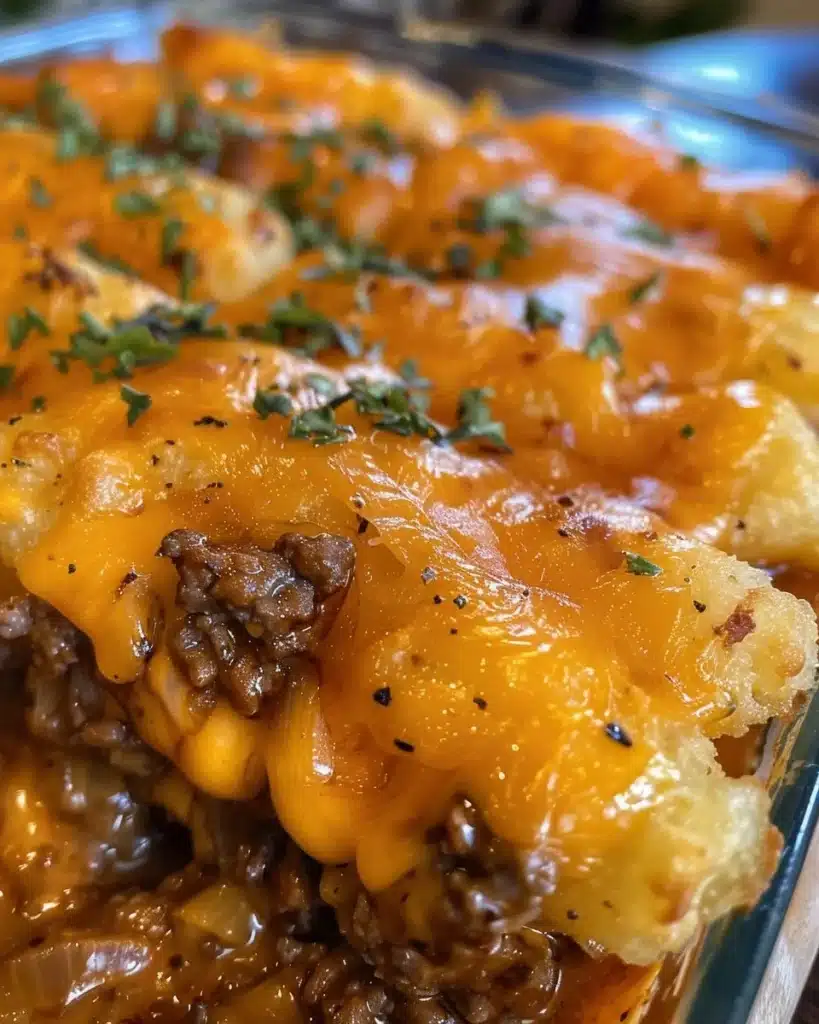 Cheesy Tater Tot Casserole baked to golden perfection, served in a dish.