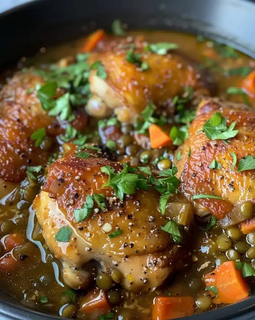 A delicious plate of chicken and lentils, garnished with herbs and spices.