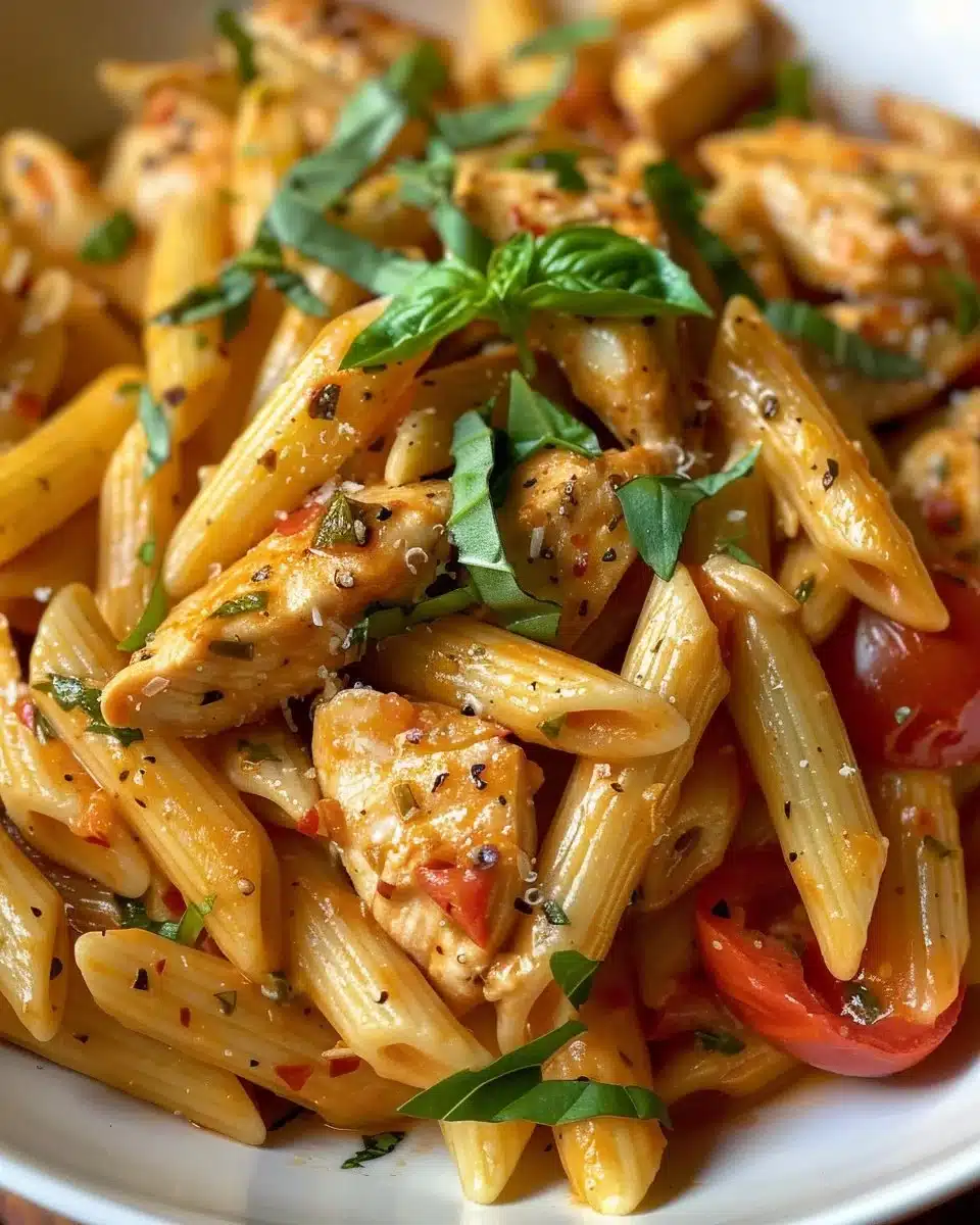 Delicious Chicken Arrabiata Pasta served with fresh herbs and spices.