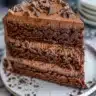 Delicious chocolate Swiss roll cake, beautifully presented with chocolate drizzle.