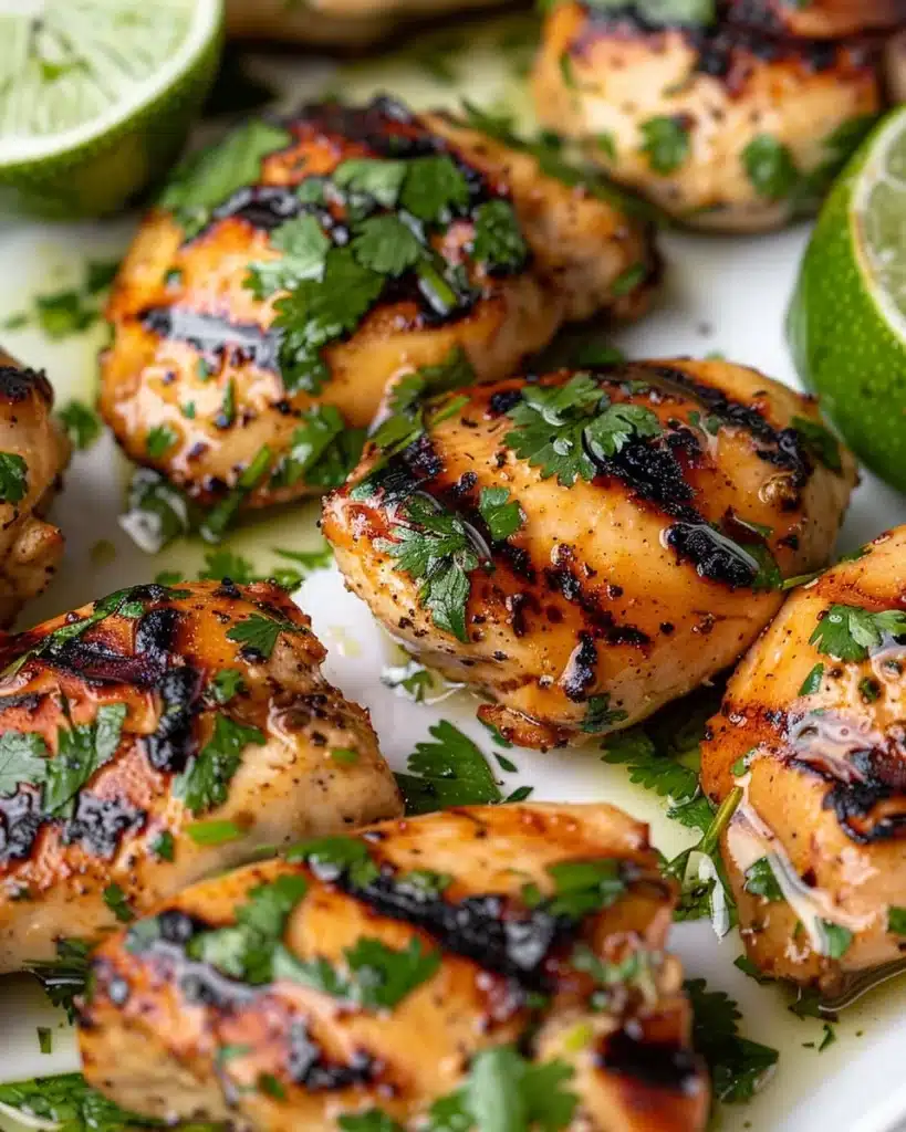Delicious cilantro lime chicken garnished with fresh herbs and lime slices