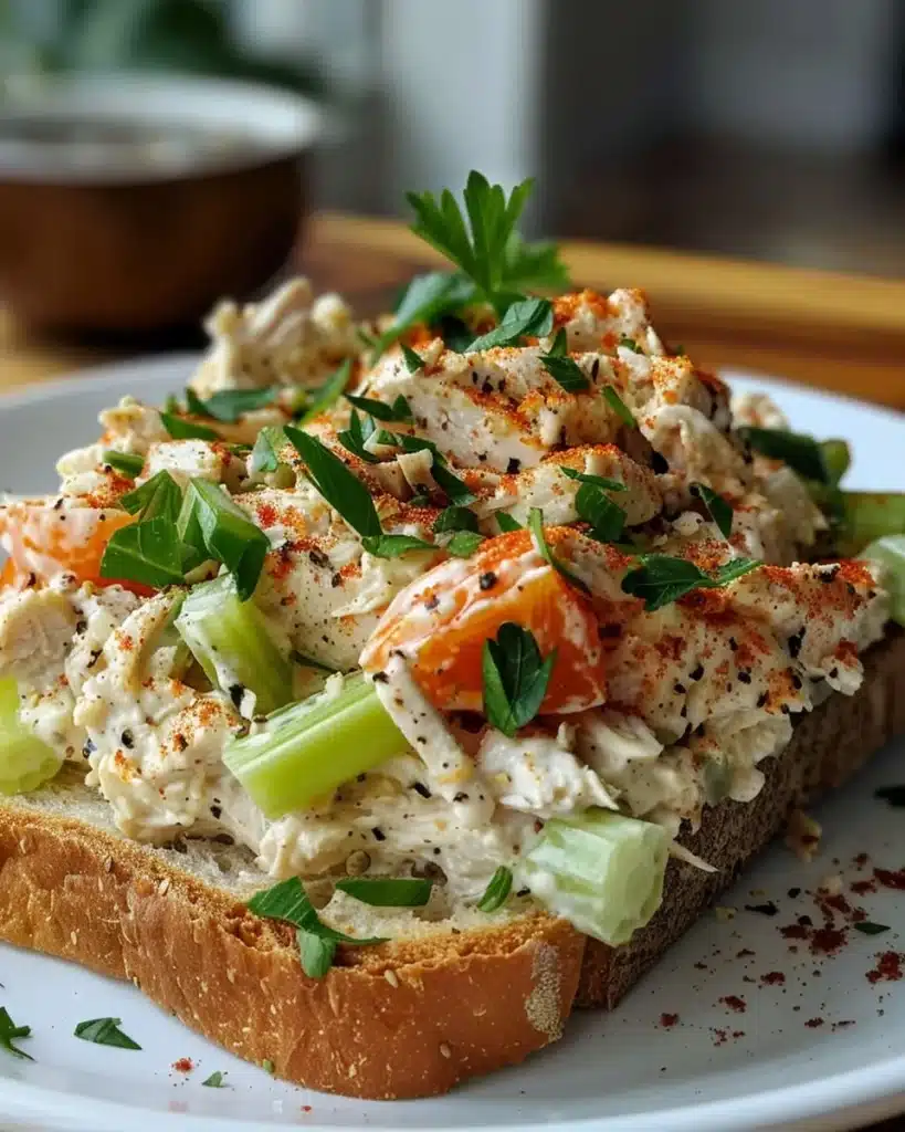 Bowl of classic chicken salad with fresh ingredients and herbs