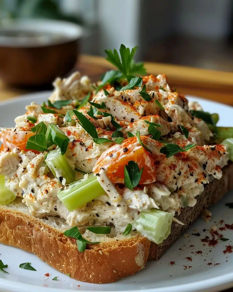 Bowl of classic chicken salad with fresh ingredients and herbs