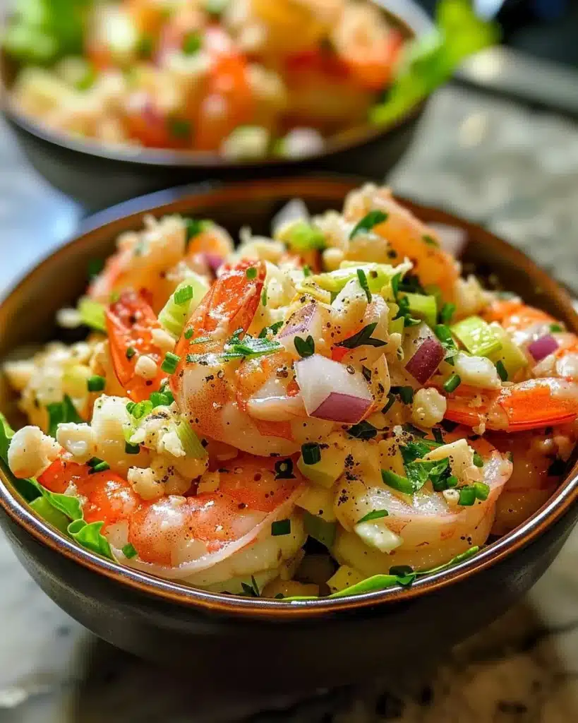 Classic crab and shrimp salad served in a bowl with fresh vegetables