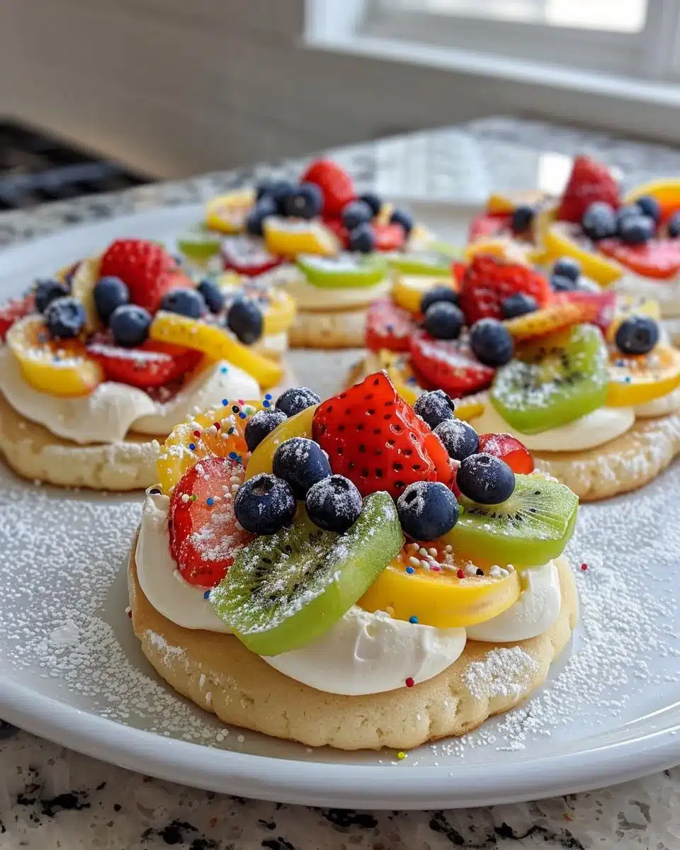 Colorful fruit pizza topped with an assortment of fresh fruits and creamy spread.