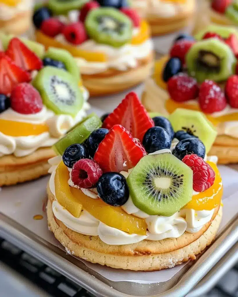 Colorful fruit pizza topped with a variety of fresh fruits