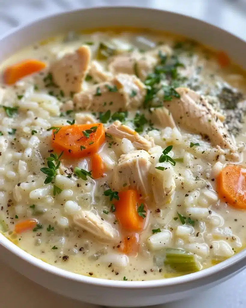 Delicious bowl of creamy chicken and rice soup garnished with herbs.