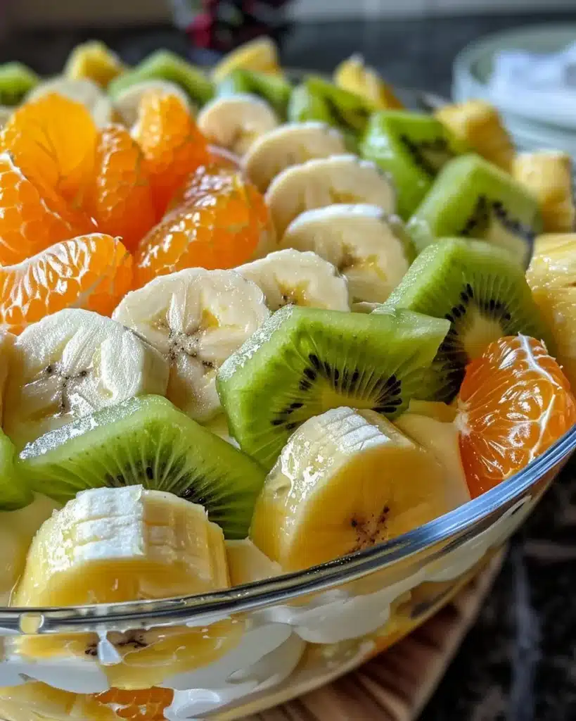 Creamy fruit salad with fresh fruits in a yogurt dressing