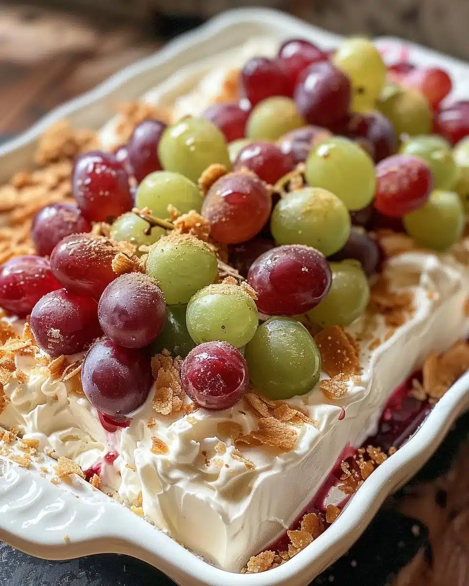 Creamy grape salad with a rich dressing and fresh grapes in a bowl.
