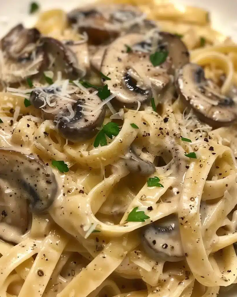 Creamy mushroom pasta garnished with parsley in a bowl