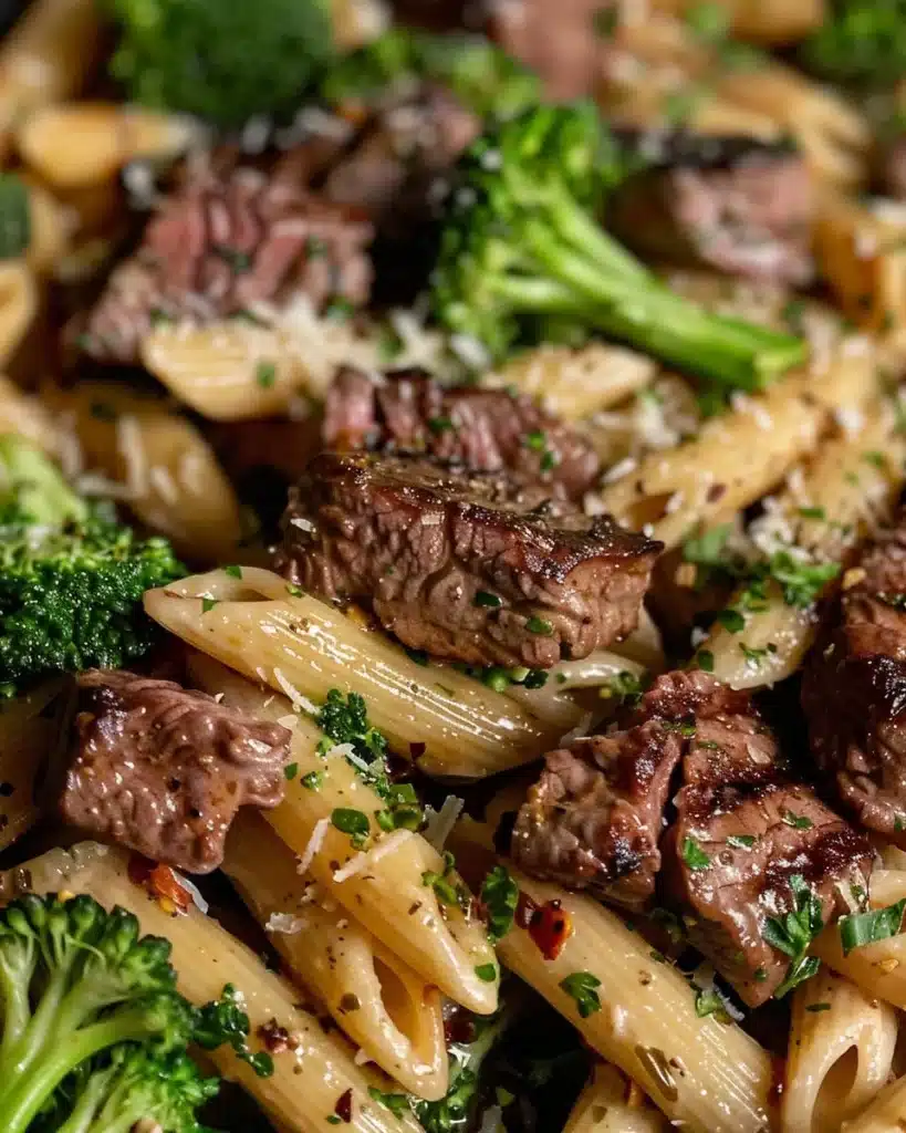 Creamy steak broccoli garlic penne pasta dish with vibrant broccoli and tender beef slices.