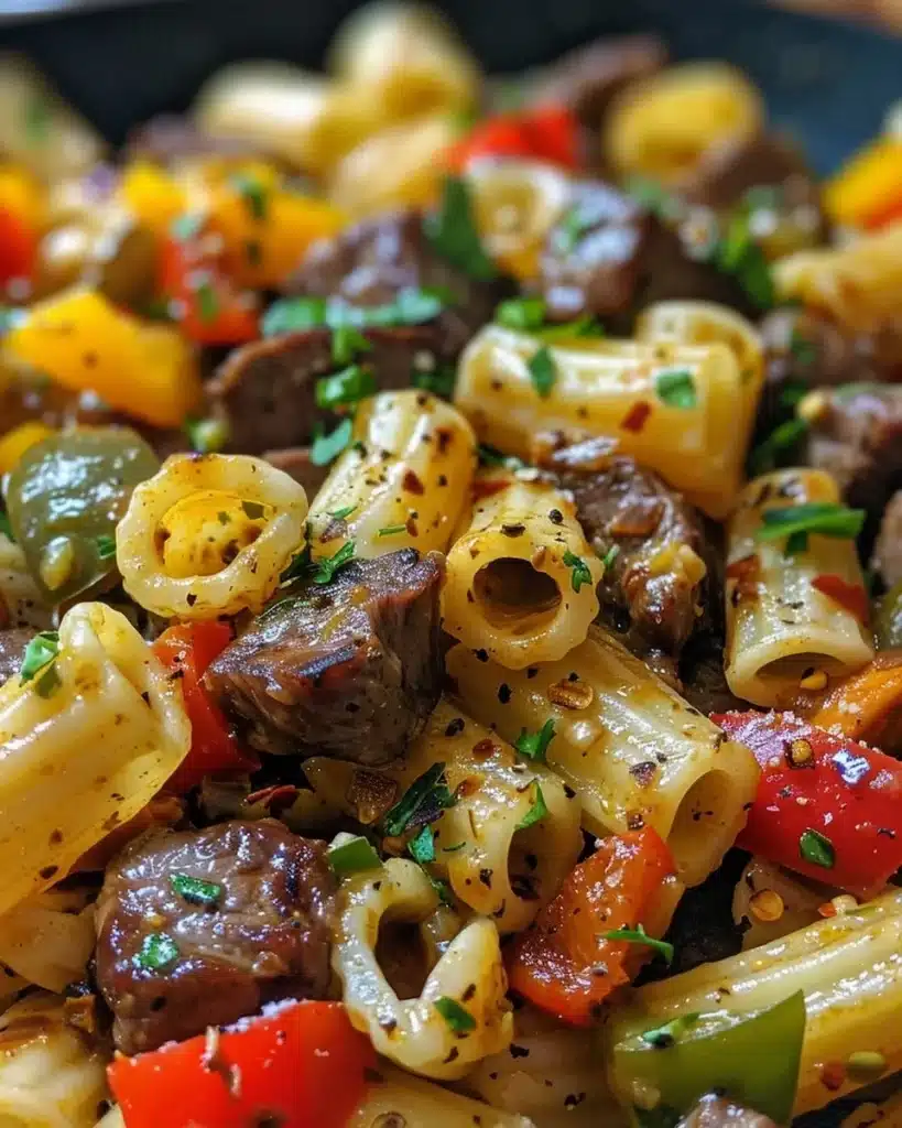 Creamy steak shells with bell peppers and Parmesan cream dish
