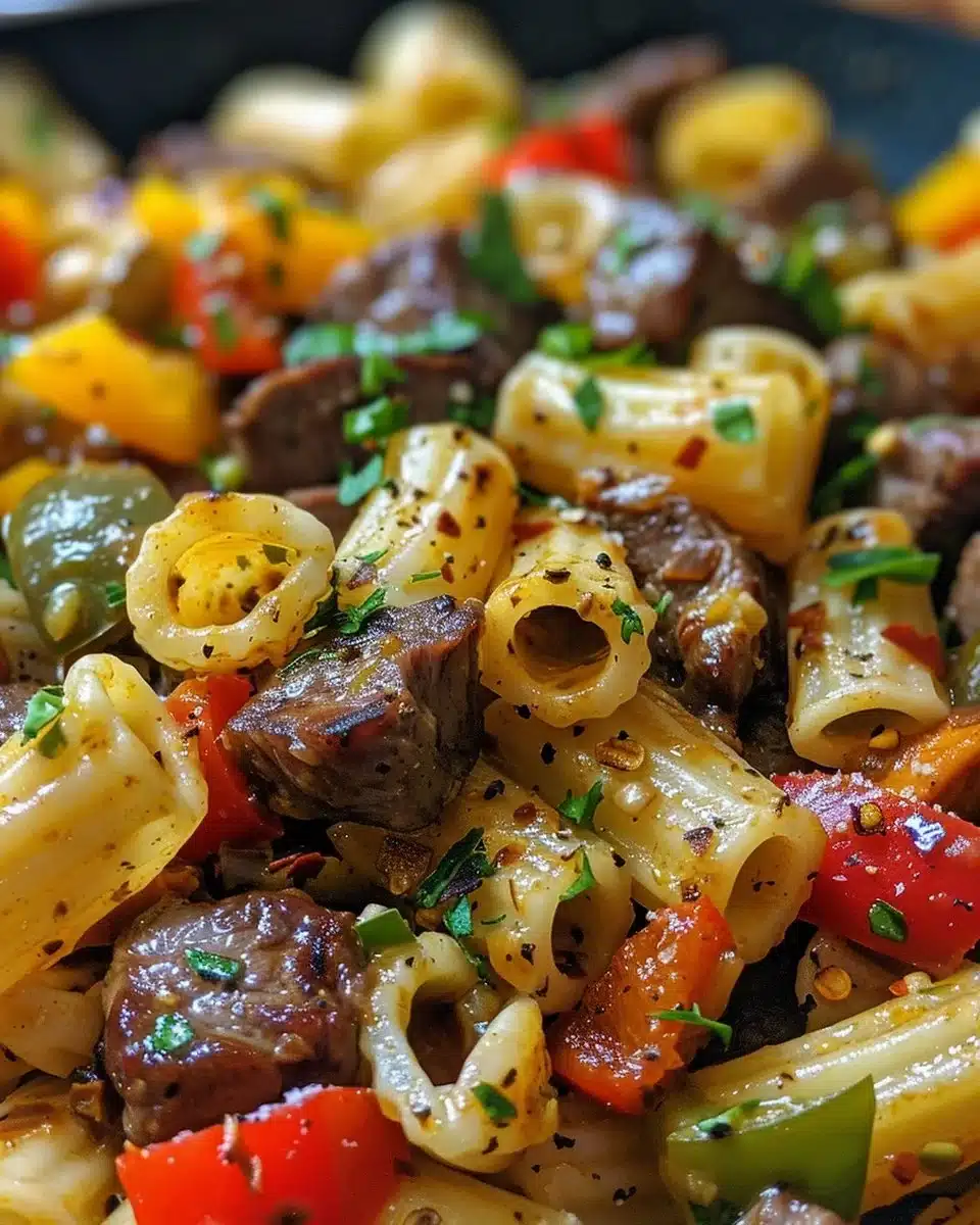 Creamy steak shells with bell peppers and Parmesan cream dish