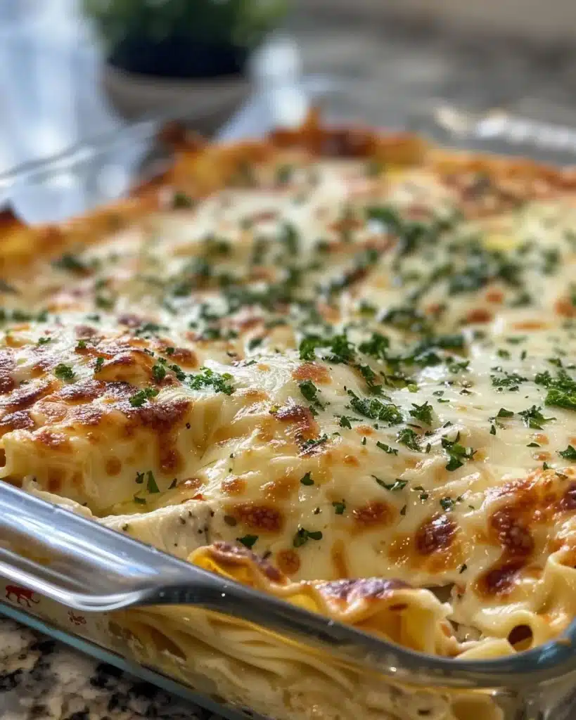 Delicious creamy white chicken lasagna layered with cheese and spinach