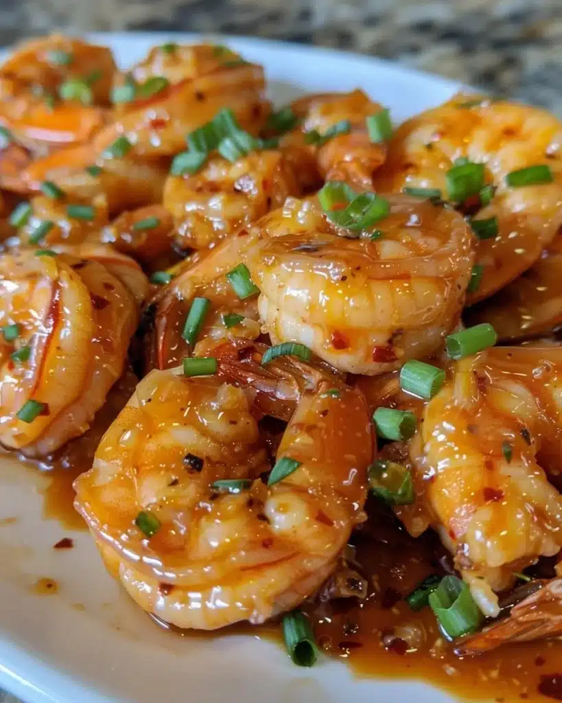 Crispy honey-glazed shrimp served on a plate with garnishments