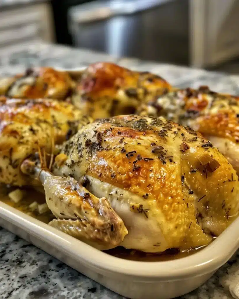 Delicious crispy skin chicken with golden brown skin and juicy meat