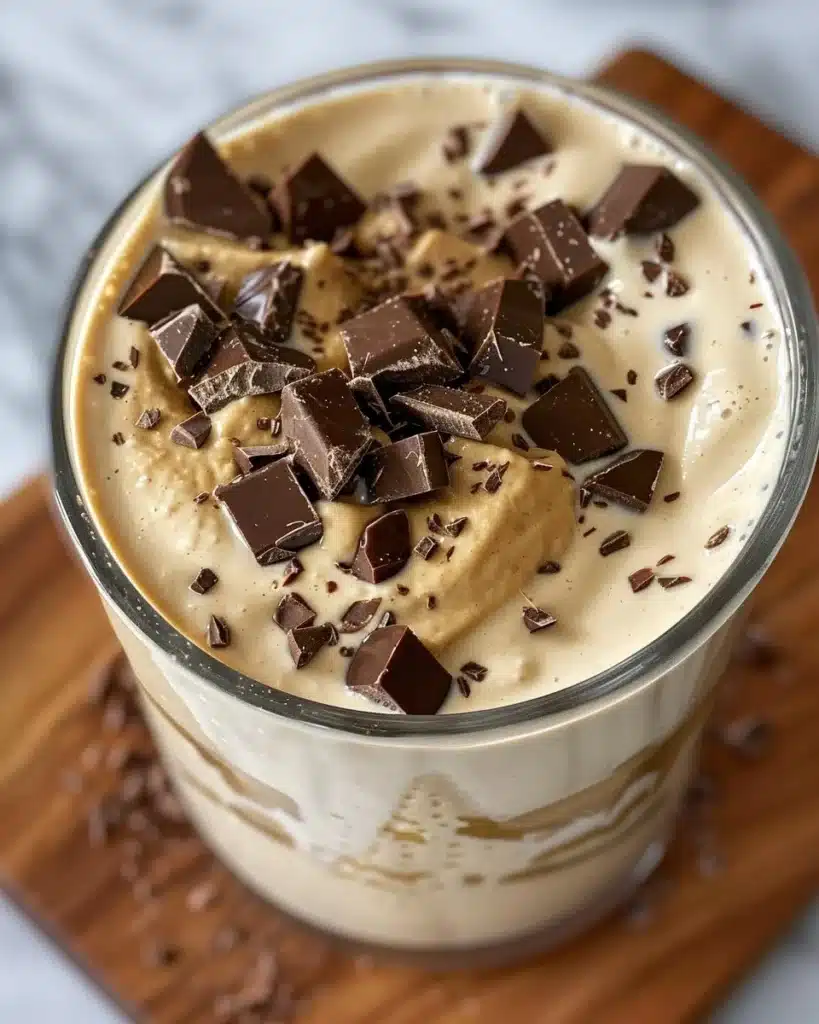Delicious bowl of dark chocolate peanut butter ice cream garnished with chocolate shavings