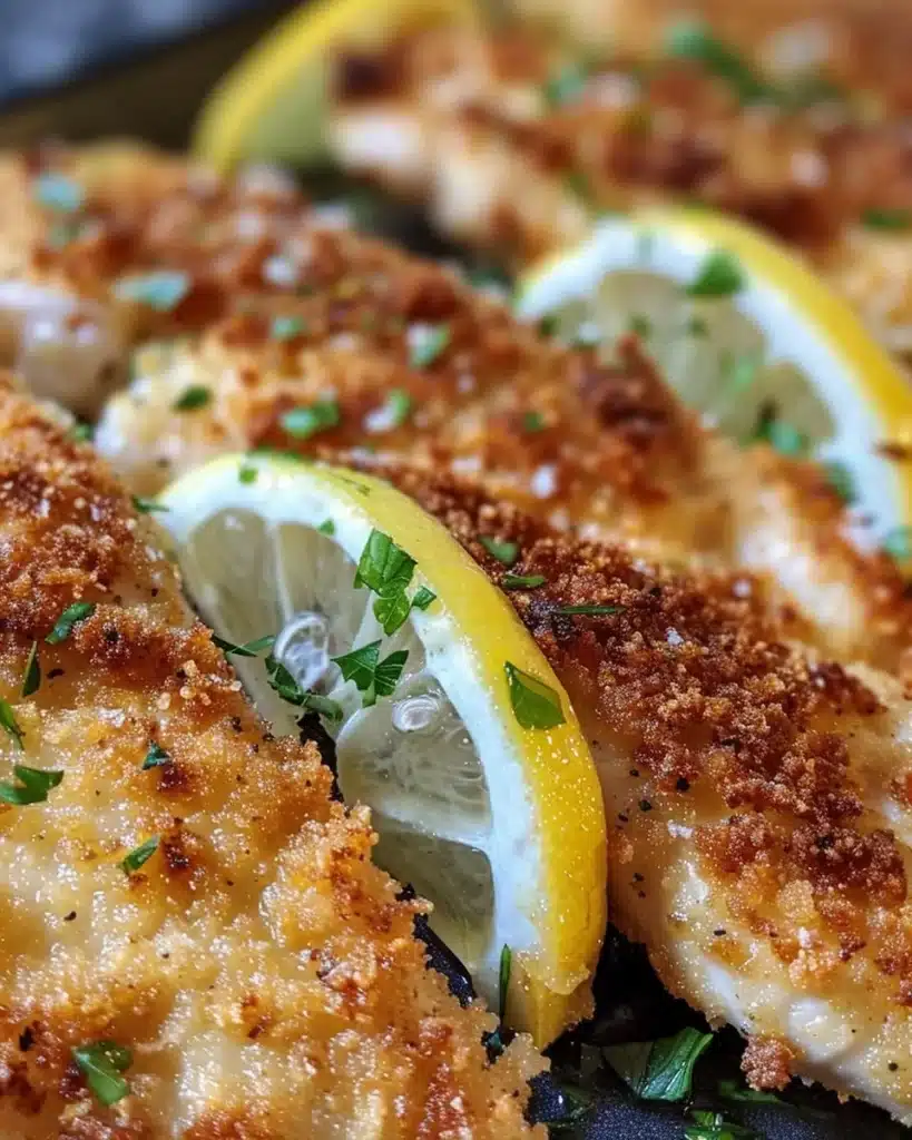 Crispy homemade chicken schnitzel served with lemon and parsley.