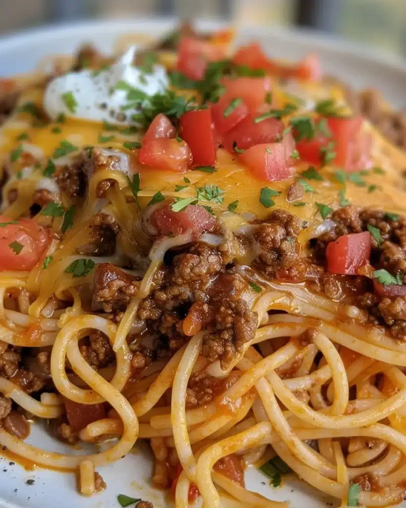 A delicious serving of easy taco spaghetti topped with cheese and cilantro.